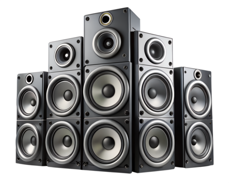 A stack of black audio speaker systems isolated on transparent background