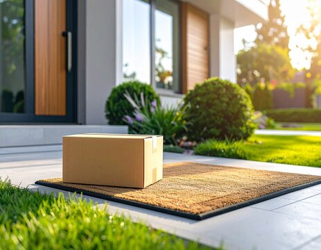 a small delivery parcel resting on a welcome mat in front of a sleek modern home