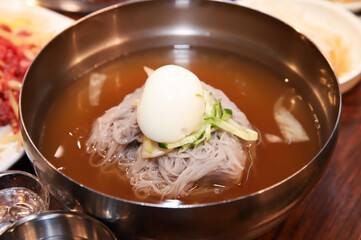 Korean cold noodles in chilled broth