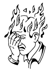 Man's head on fire with many eyes tattoo flash art