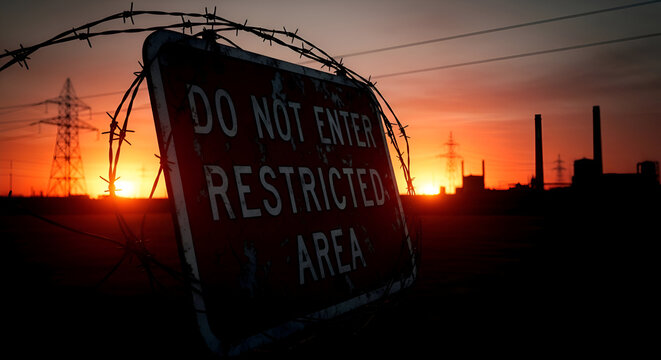 Forbidden Zone Sign Silhouetted Against Stunning Sunset Scenery Across The Industrial Horizon