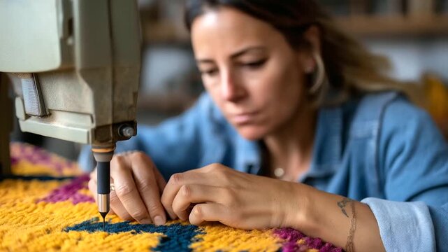 Tattooed woman wielding a tufting gun crafting a rug with bold patterns her face partially visible workshop vibrant with yarn rug pattern crafting textile artistry handmade