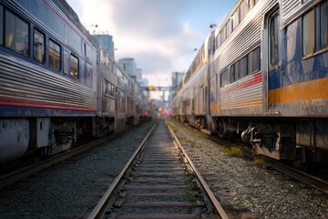 Fototapeta premium Modern Passenger Trains on Railway Tracks parallel