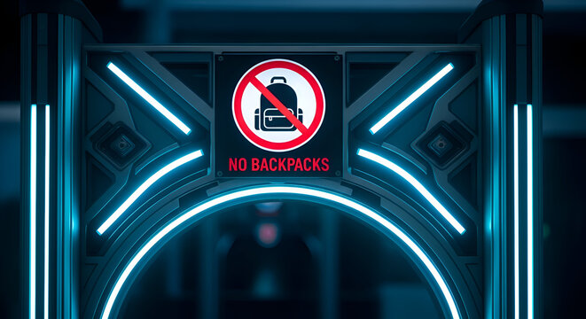Futuristic Gate Signaling No Backpacks Access, Illuminated By Modern Neon Lighting Display - Powered by Adobe