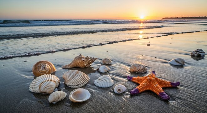 Seashells and Starfish on a Sandy Beach at Sunset