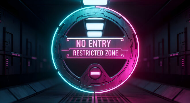 Futuristic Illuminated Signage In Corridor Indicating No Entry And Restricted Area Access - Powered by Adobe