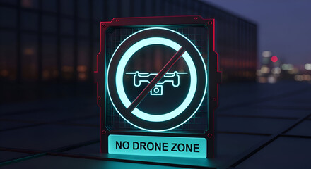 Illuminated No Drone Zone Sign Indicating Restricted Airspace In An Urban Environment