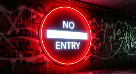 Illuminated No Entry Sign On Graffiti Wall Indicating Forbidden Access And Warning