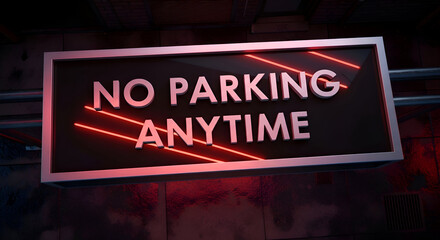 Illuminated No Parking Anytime Signage Against Dark Urban Backdrop For Prohibition Displays