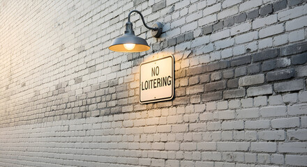 Illuminated No Loitering Sign On A Weathered Brick Wall Under A Light Fixture