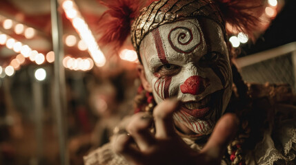 Fototapeta premium Creepy Halloween clown under carnival lights with red swirl makeup and eerie expression, cinematic horror portrait concept