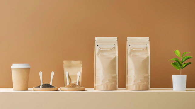 A beautifully organized coffee station setup featuring a disposable coffee cup, grounded coffee, stirrers, two kraft paper coffee bean bags, and a small potted plant, all against a warm brown and beig