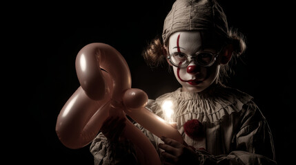 Halloween child clown illuminated by neon glow in cinematic night atmosphere, eerie artistic portrait concept