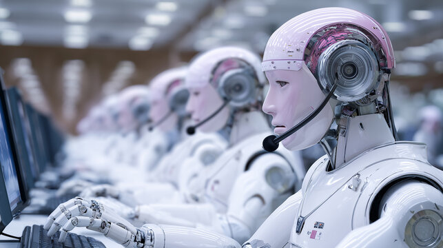 Robots equipped with headsets and sleek designs are working diligently at computer stations in a futuristic call center during daylight hours, showcasing innovative technology and automation