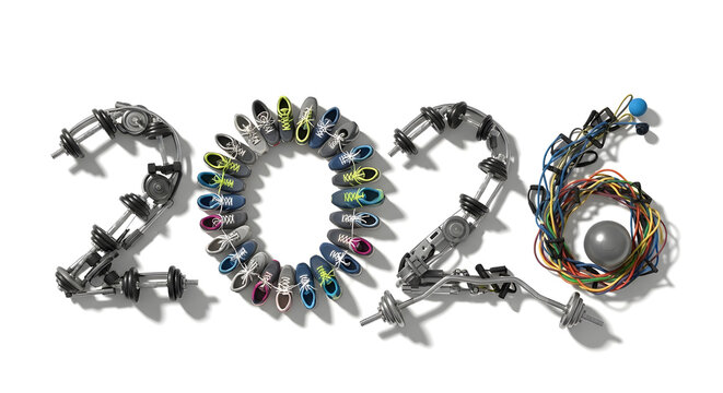 Creative 2026 Fitness and Technology Concept with Dumbbells Sneakers and Cables