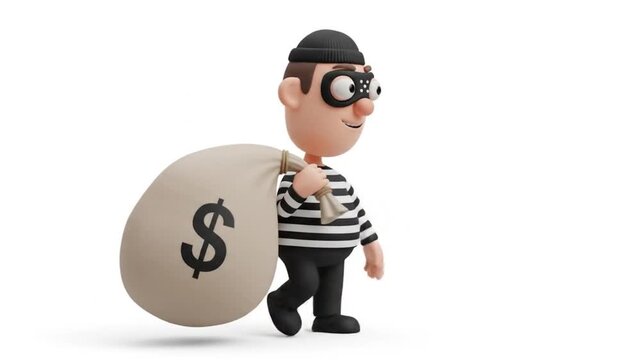 Cartoonish thief character smiling while carrying a money bag, set against a plain white background