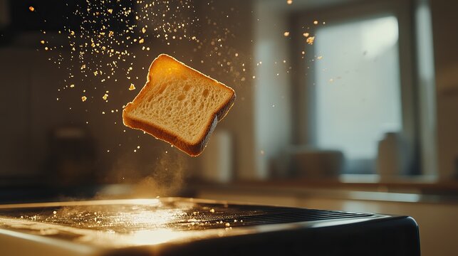A slice of bread parachuting from a toaster, mid-air moment,