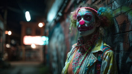Obraz premium Neon-painted Halloween clown standing on urban street at night, glowing costume and vibrant atmosphere captured in cinematic style concept