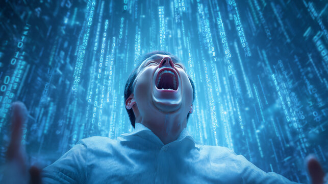 An individual is screaming with passion as streams of digital binary code cascade around them