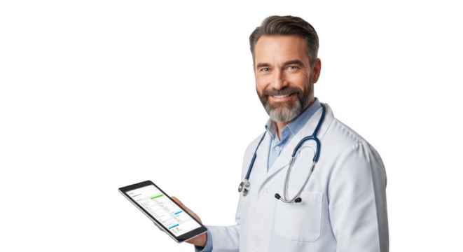 Portrait of a Medical Professional: A friendly doctor, with a stethoscope and tablet in hand, stands confidently, showcasing compassion and expertise. The image suggests trust and reliability.