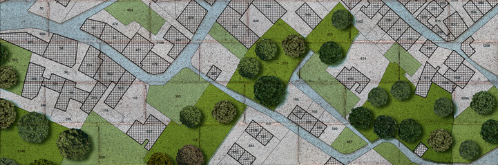 URBAN PLANNING MAP WITH CITY LAYOUT AND GREEN AREAS - Concept of