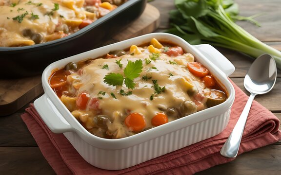 Cheesy Vegetable Casserole White Baking Dish Melted Cheese Tomatoes Herbs