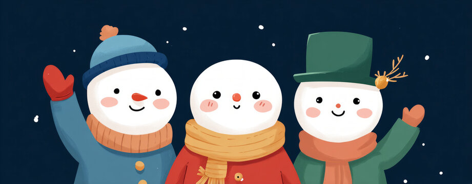 Three cute snowman characters happy in winter for christmas holiday