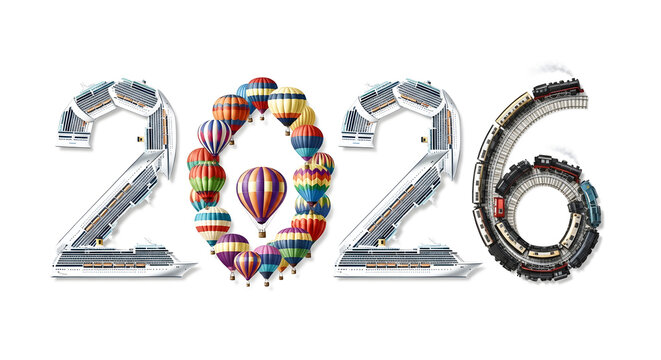Creative 2026 Travel Concept with Cruise Ships Hot Air Balloons and Trains