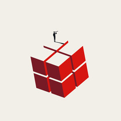 Vector illustration symbolizing business scalability, technology, investment, and growth. A businessman stands atop a large red and white geometric cube, looking into the distance with a telescope © jozefmicic