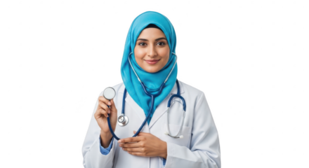 Medical Professional: A female medical professional, adorned in a hijab, embodies competence and compassion as she confidently wields a stethoscope, exuding an aura of knowledge and care.