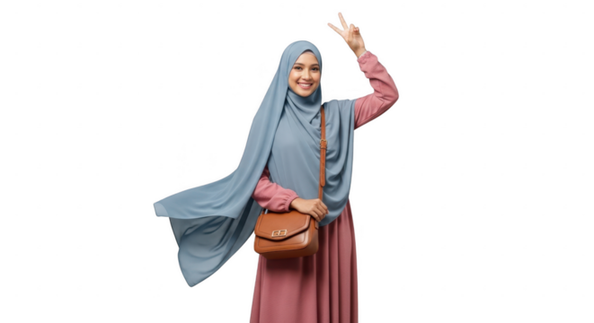 Embracing Serenity and Style: A graceful figure, draped in a serene blue hijab, embodies elegance and peace as she smiles, carrying a chic brown handbag.  A moment of effortless poise.