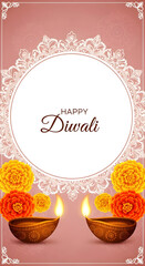 Naklejka premium Happy Diwali greeting card with marigold flowers and oil lamps