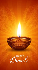 Happy Diwali greeting card with illuminated oil lamp