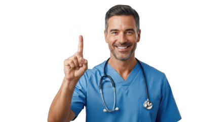 Confident Doctor's Guidance: A cheerful and skilled doctor, radiating assurance, elevates his index finger, conveying guidance and expertise, wearing a stethoscope, symbolizing healthcare dedication