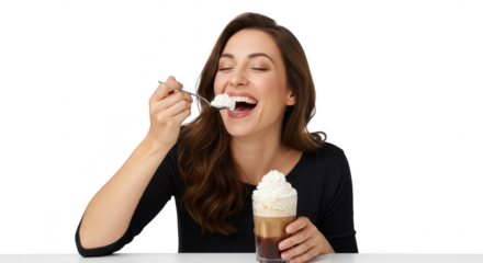 Indulgent Delight: A woman experiences pure pleasure as she savors a delightful treat, her eyes closed in blissful contentment.