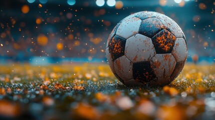 Dirty soccer ball on wet grass, stadium lights