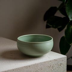 Handcrafted Green Ceramic Bowl with Ridged Texture on Bamboo Mat Background