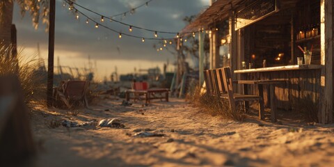 Rustic Seaside Bar at Dusk: Warm, inviting scene. A charming, weathered seaside bar illuminated by soft, glowing string lights as dusk settles. the scene.