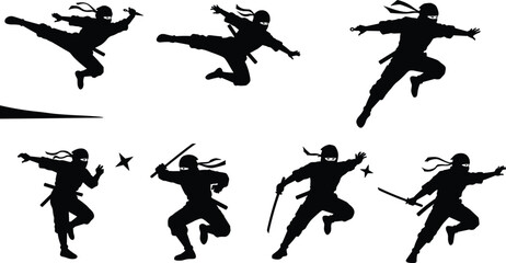 This image features a collection of silhouettes showing a ninja in various dynamic action poses with traditional weapons, such as a sword and shuriken. ©  creative rabbi