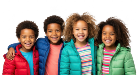 Radiant Smiles: A group of children in vibrant winter coats share genuine smiles, their warmth radiating against the cool backdrop. 