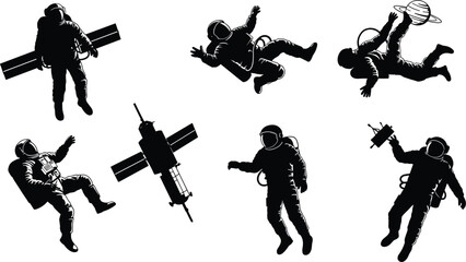 Astronaut silhouette set, space exploration vector, satellite technology, cosmic science, black and white illustration, futuristic theme, planetary interaction, editorial and educational use ©  creative rabbi