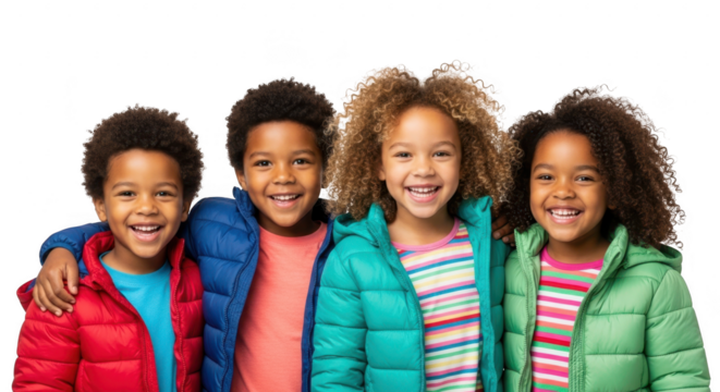 Radiant Smiles: A group of children in vibrant winter coats share genuine smiles, their warmth radiating against the cool backdrop. 