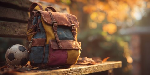 Backpack and Soccer Ball: A charming backpack sits on a wooden bench next to a soccer ball, hinting at outdoor adventures and leisurely pursuits, creating a sense of warmth and anticipation. 