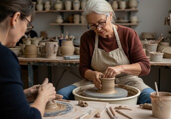 Two women working on pottery wheels in a ceramics studio