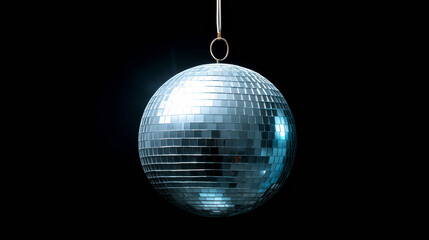 A striking disco ball hangs suspended in a dark space, its mirrored surface reflecting light in various directions. This decorative element adds a lively touch to evening events and gatherings