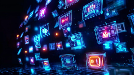 An array of colorful, futuristic infographics and data visualization elements is showcased on a digital screen. The vibrant interface highlights technology themes with glowing icons and graphs