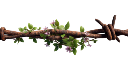 PNG of A delicate contrast of nature and neglect, showcasing blooming flowers entwined with rusty barbed wire.