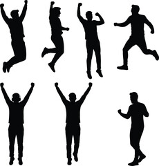 Celebration, joy, success, silhouette figures, dynamic poses, energetic movement, motivational concept, black silhouettes, white background, triumphant gestures, emotional expression, jumping people