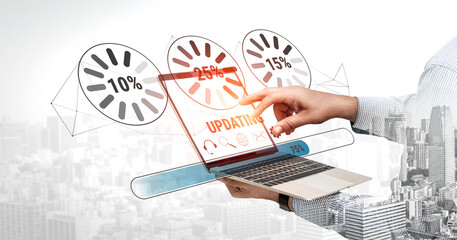 A concept of a system update and software installation. A progress bar and loading icons showing...