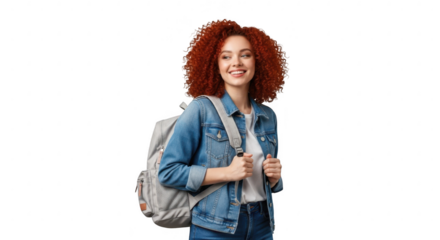Student with a Backpack: A cheerful student with vibrant red hair, a denim jacket, and a backpack, embodying youth, education, and a journey of exploration.